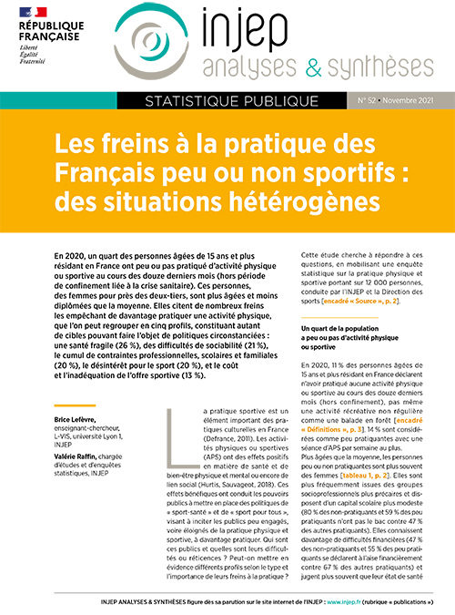 Publication INJEP – freins à la pratique des Français peu ou non sportifs